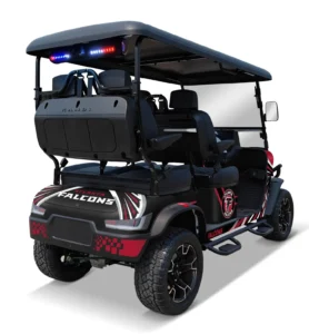 Atlanta Falcons themed Kandi electric golf cart, angled rear view