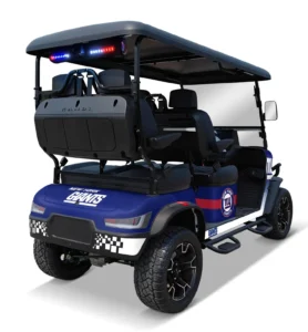 New York Giants themed Kandi electric golf cart, rear angled view