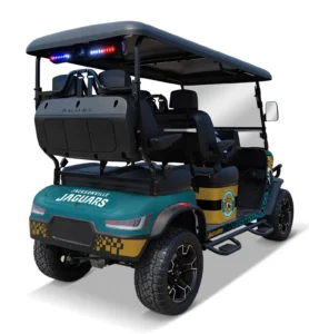 Jacksonville Jaguars themed Kandi electric golf cart, rear angled view