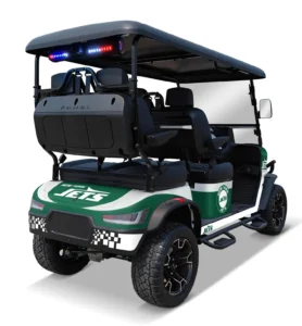 New York Jets themed Kandi electric golf cart, rear angled view