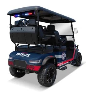 New England Patriots themed Kandi electric golf cart, rear angled view