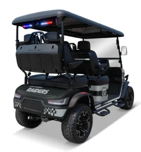 Las Vegas Raiders themed Kandi electric golf cart, rear angled view