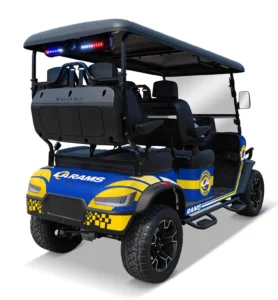 Los Angeles Rams branded Kandi electric golf cart, angled rear view