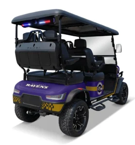 Baltimore Ravens themed Kandi electric golf cart, rear angled view
