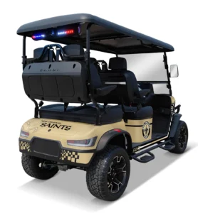 New Orleans Saints themed Kandi electric golf cart, rear angled view