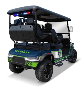 Seattle Seahawks themed Kandi electric golf cart, rear angled view