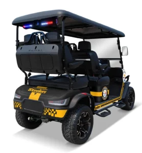 Pittsburgh Steelers themed Kandi electric golf cart, rear angled view