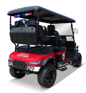 Houston Texans themed Kandi electric golf cart, rear angled view