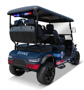 Tennessee Titans themed Kandi electric golf cart, rear angled view