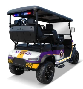 Minnesota Vikings branded Kandi electric golf cart, angled rear view