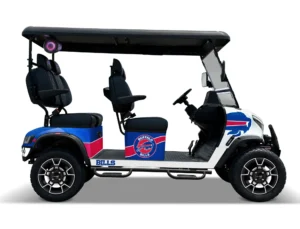 Buffalo Bills themed Kandi electric golf cart, side view