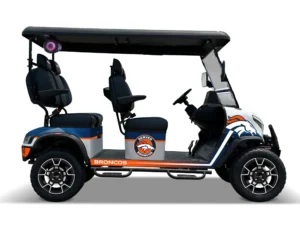 Denver Broncos themed Kandi electric golf cart, right side view