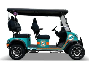 Miami Dolphins themed Kandi electric golf cart, right side view