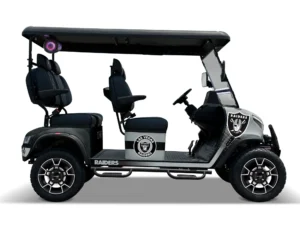 Las Vegas Raiders themed Kandi electric golf cart, right side view
