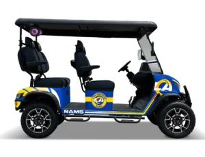Los Angeles Rams themed Kandi electric golf cart, right side view