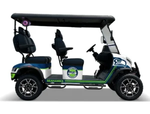 Seattle Seahawks themed Kandi electric golf cart, right side view